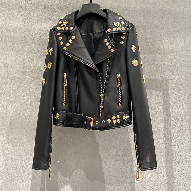 Women Studded Punk Rock Leather Jacket Heavy Rivet
