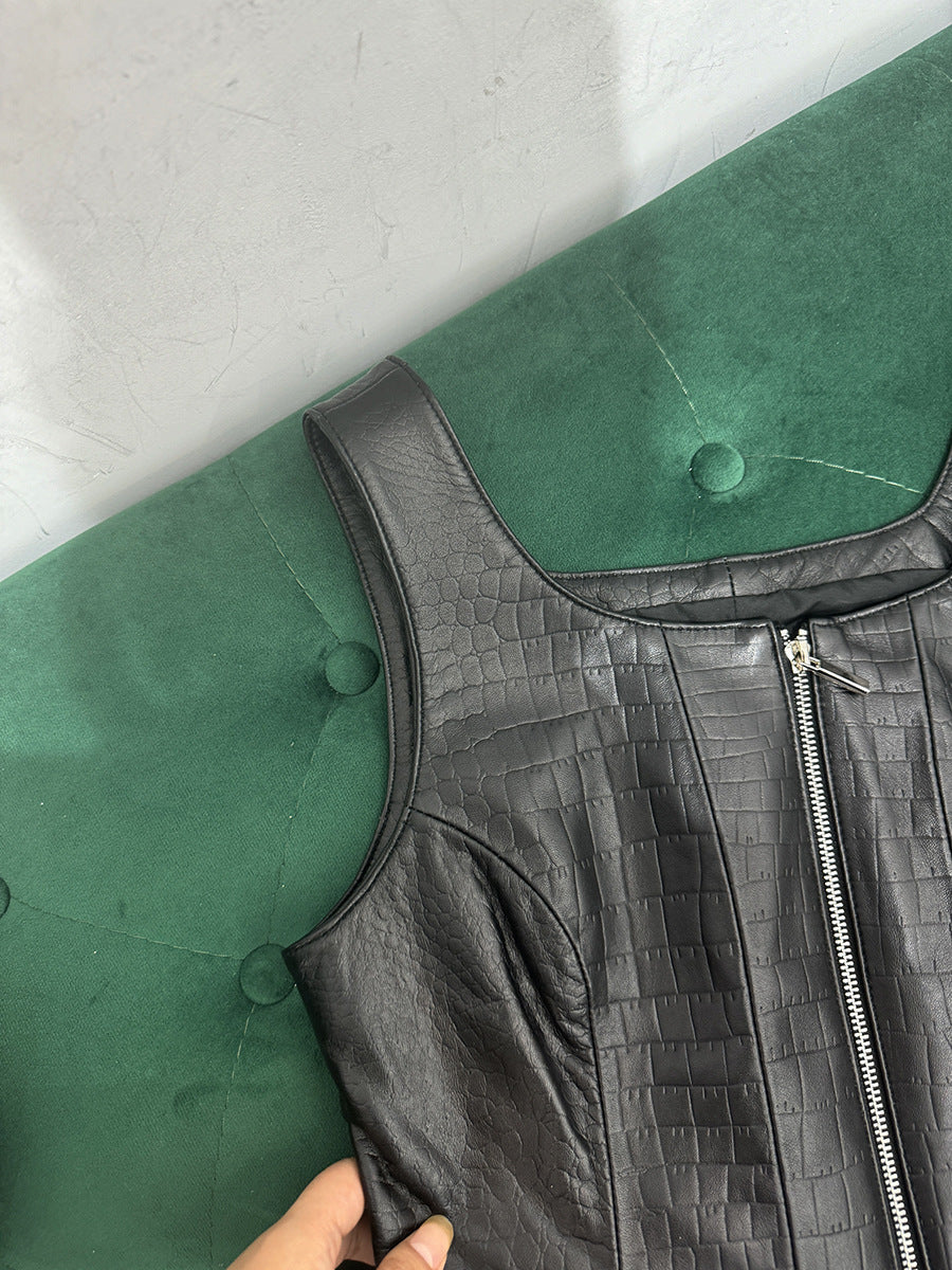 Women’s Genuine Leather Vest with Ostrich Feather Hem