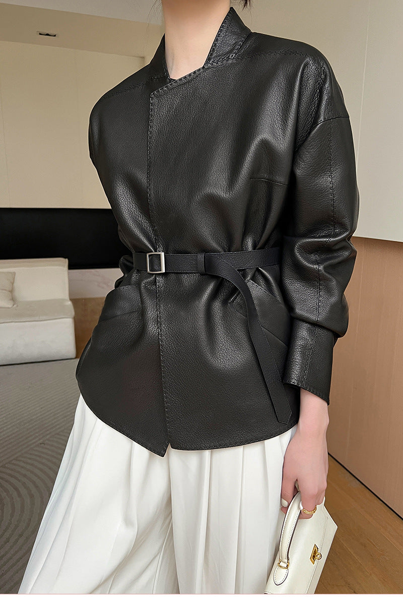 Women Leather Jacket Lychee Grain Belted Short Coat