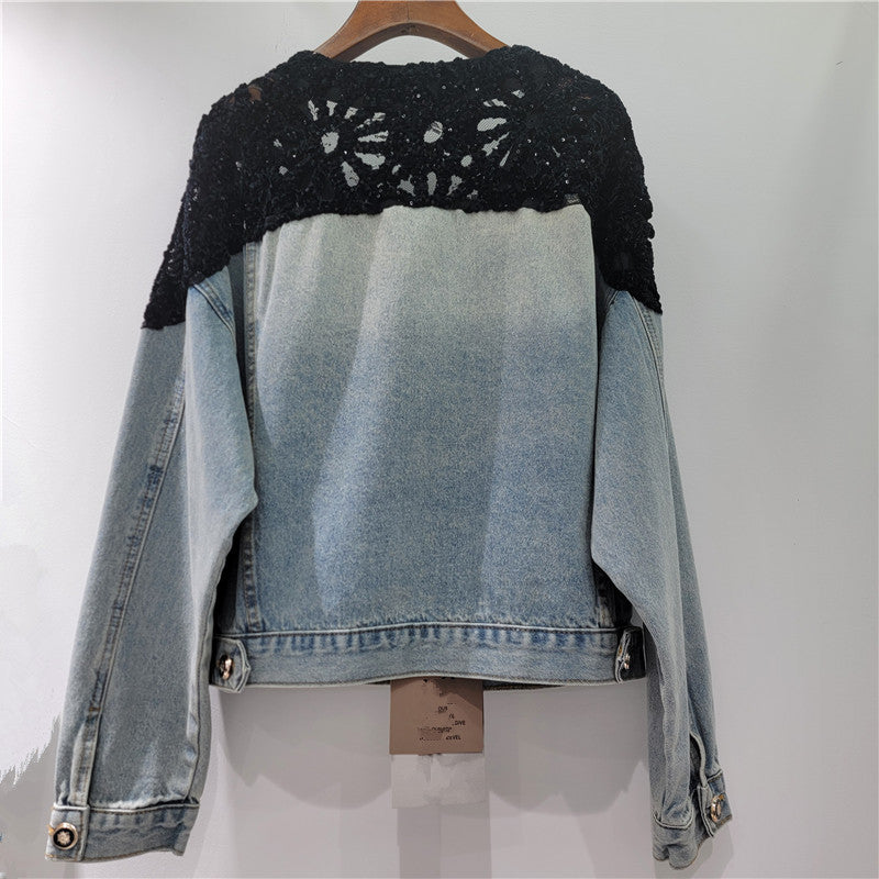 Women Spliced Denim Cropped Jacket with Lace Overlay