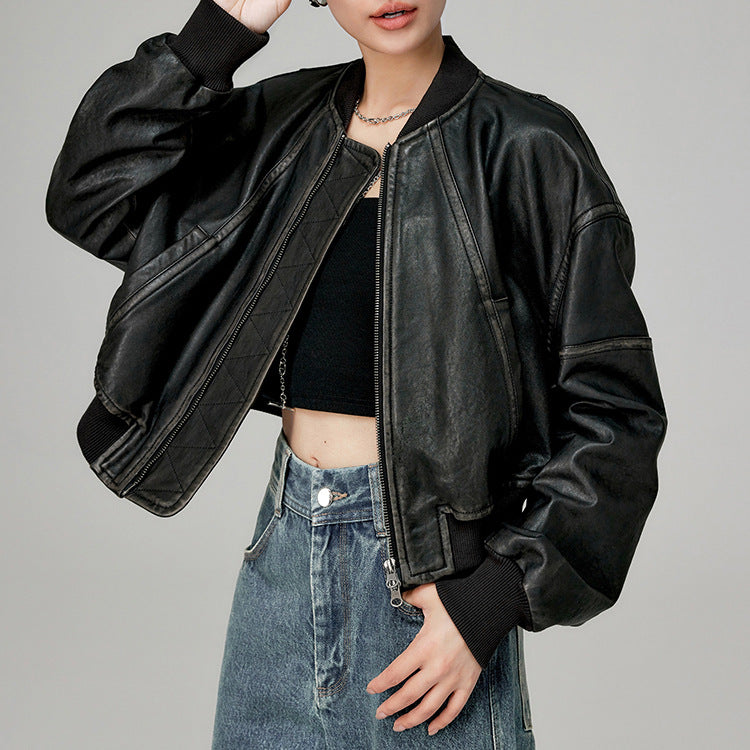 Women’s Genuine Leather Bomber Jacket Retro Baseball Style Coat