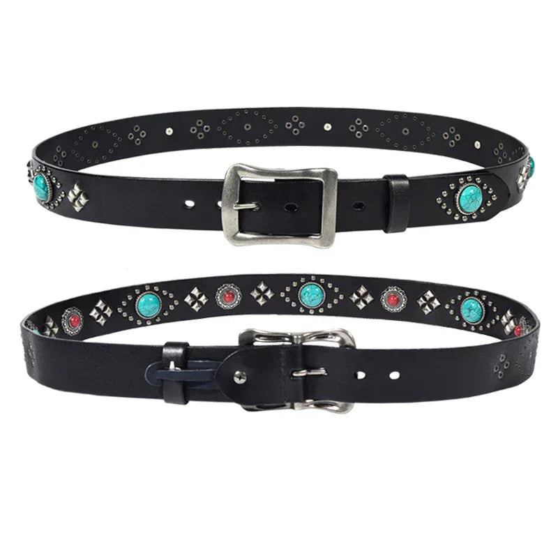 Western Punk Leather Belt with Studs and Turquoise Stones