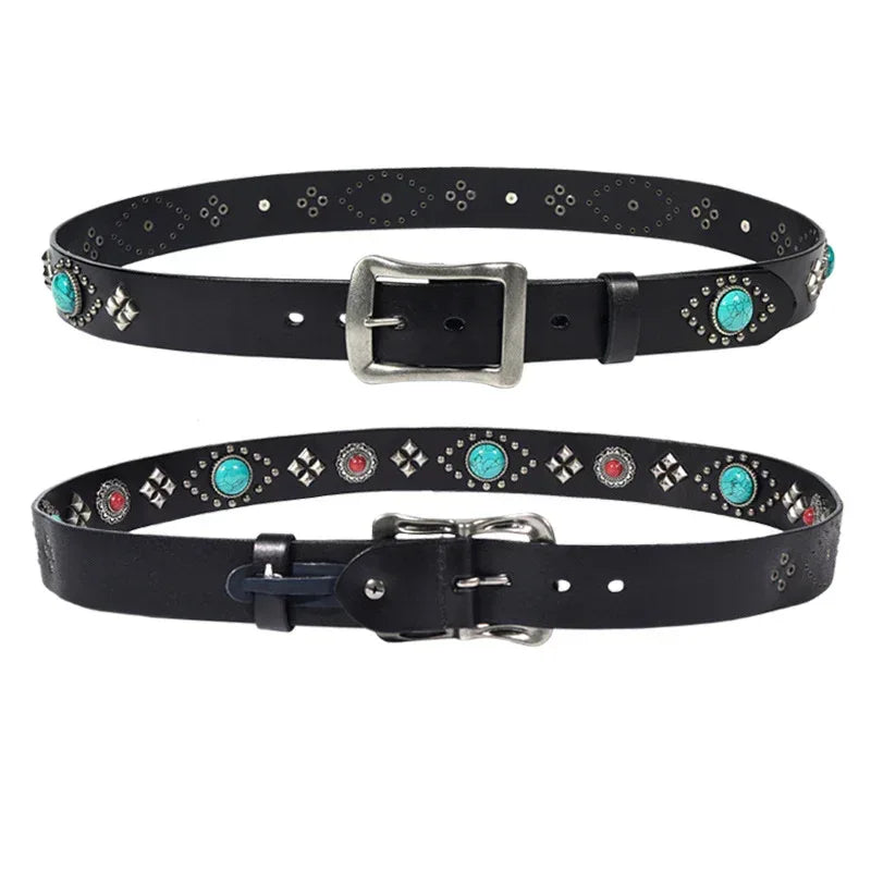 Western Punk Leather Belt with Studs and Turquoise Stones
