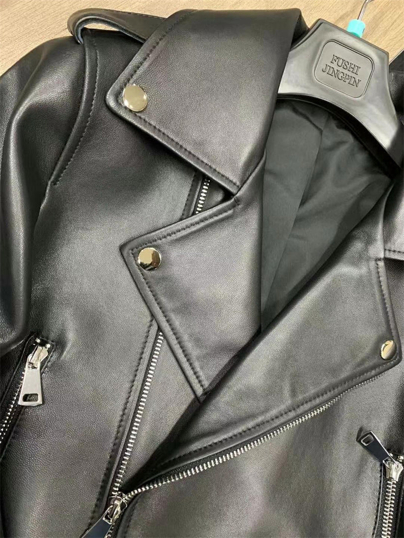 Women’s Genuine Leather Bomber Moto Jacket Black Short Fit