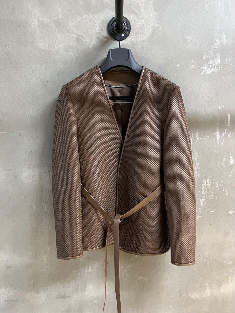 Women Hand Woven Leather Jacket with Open Front Belt