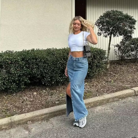 womens denim long maxi skirt