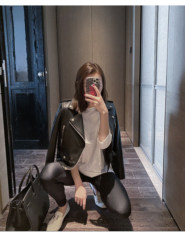 Women Leather Moto Jacket Cropped Motorcycle Jacket