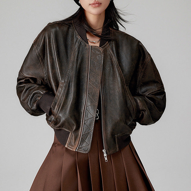 Women’s Genuine Leather Bomber Jacket Retro Baseball Style Coat