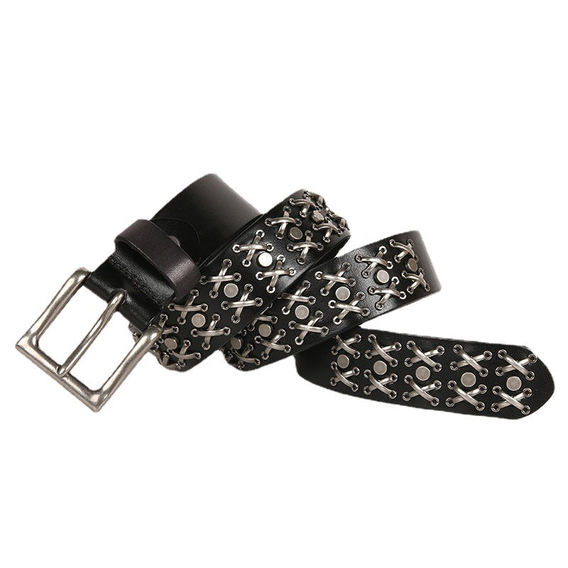 Genuine Leather Punk Belt with Silver Cross Rivets