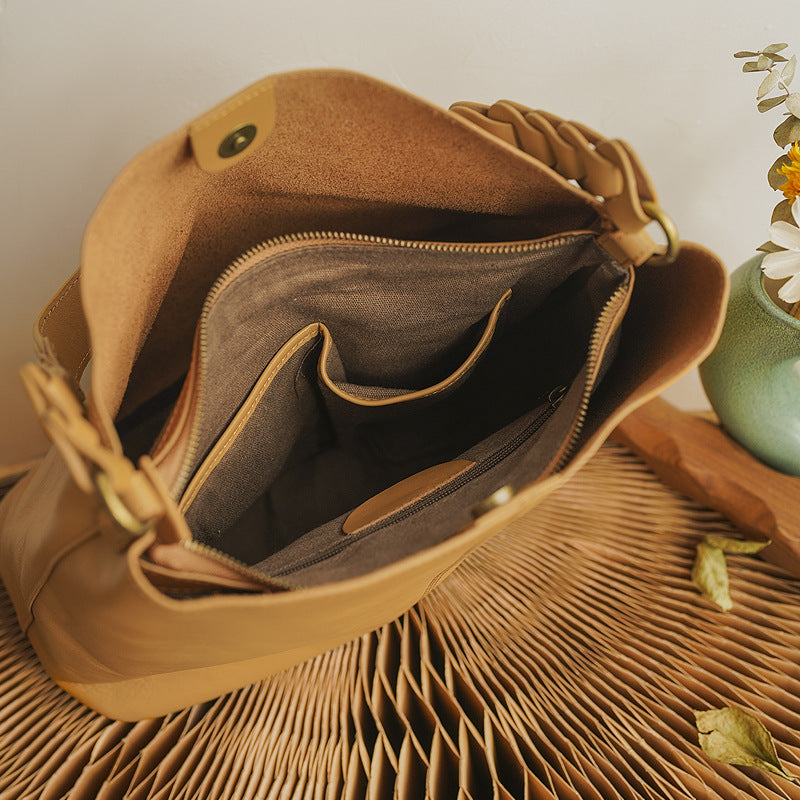 Women Leather Bucket Shoulder Bag Tote with Zipper