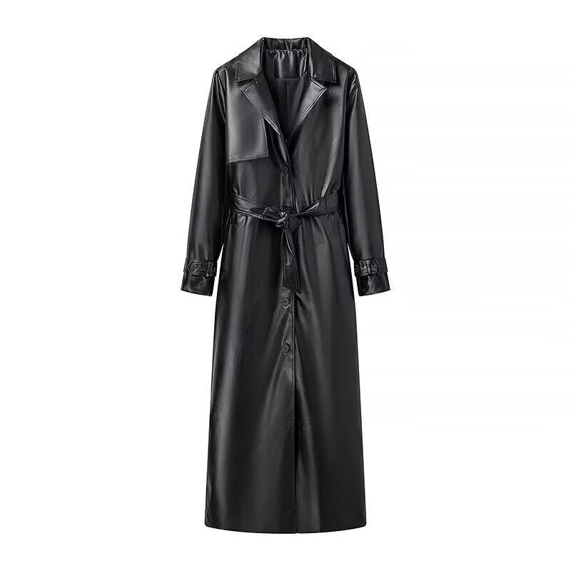 Women’s Faux Leather Belted Trench Coat Long Jacket
