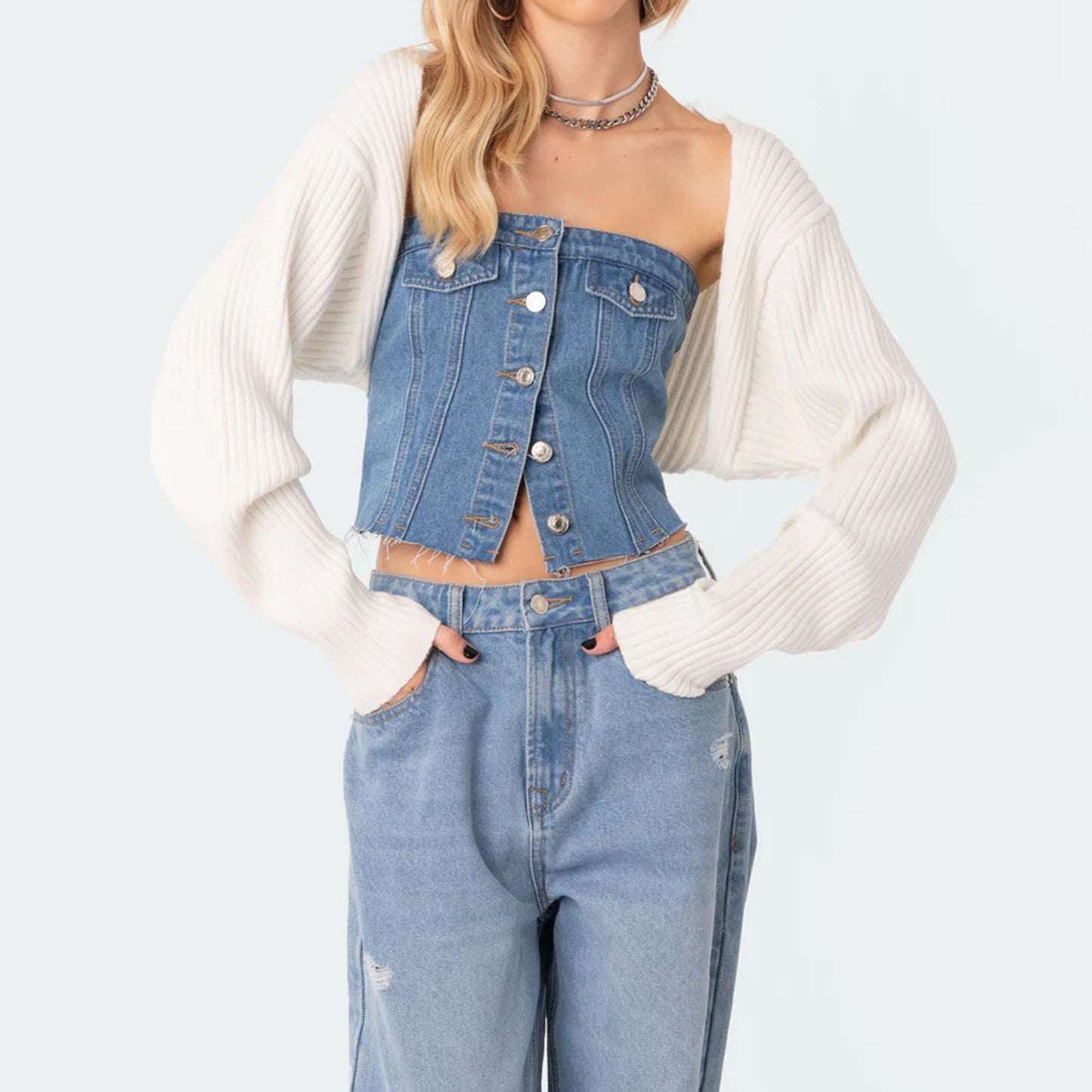 Women's Strapless Denim Button-Up Crop Top