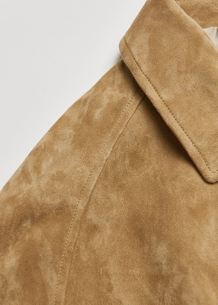 Tan Real Suede Leather Jacket for Women with Drawstring Hem
