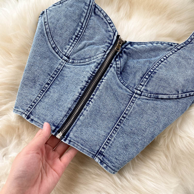 Women’s Denim Two Piece Skirt Set with Zipper Crop Top