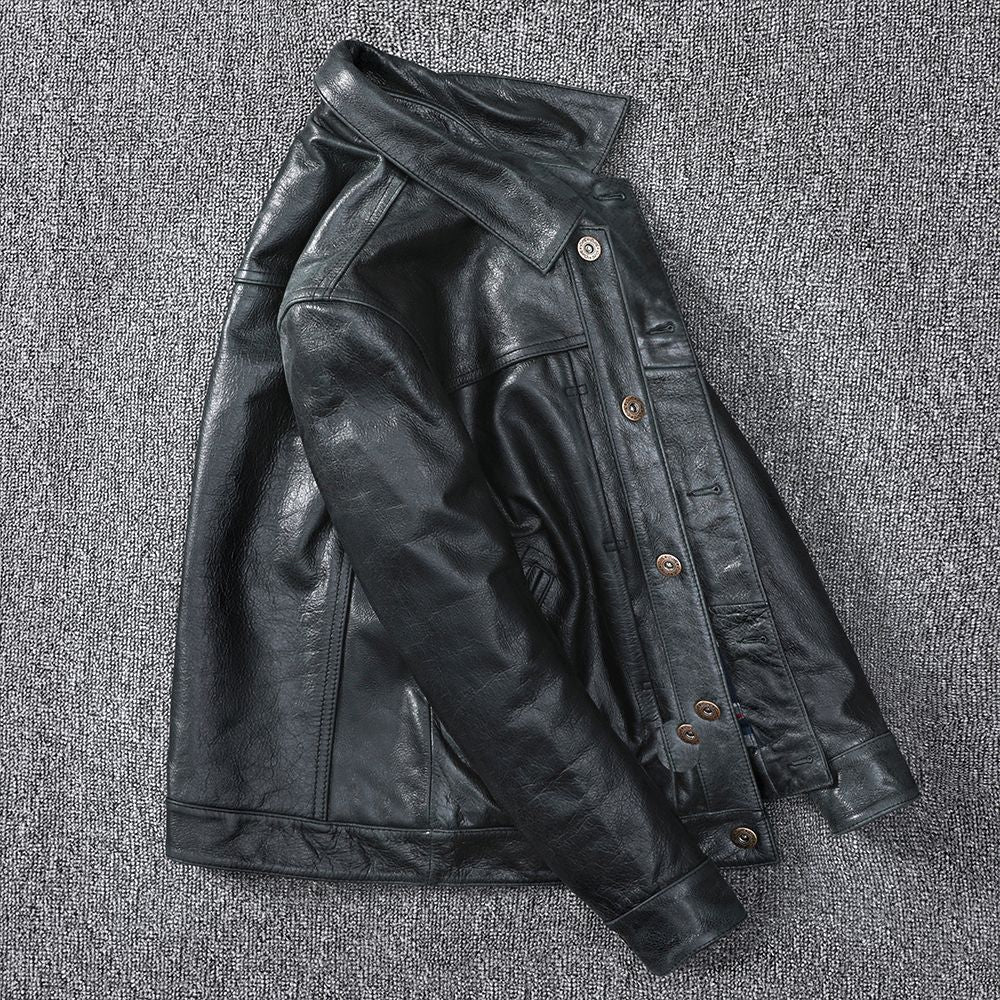 Black Leather Jacket Men Slim Fit Biker Oil Wax Vintage Style