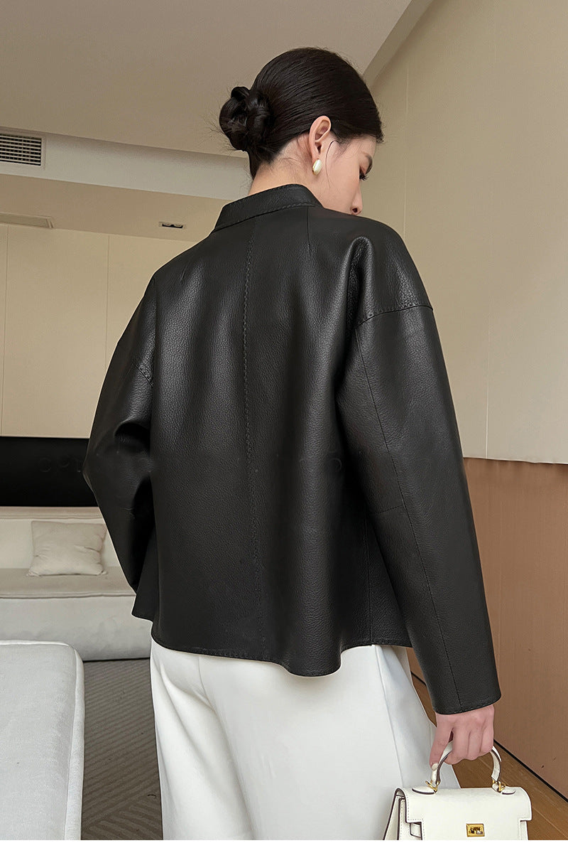 Women Leather Jacket Lychee Grain Belted Short Coat
