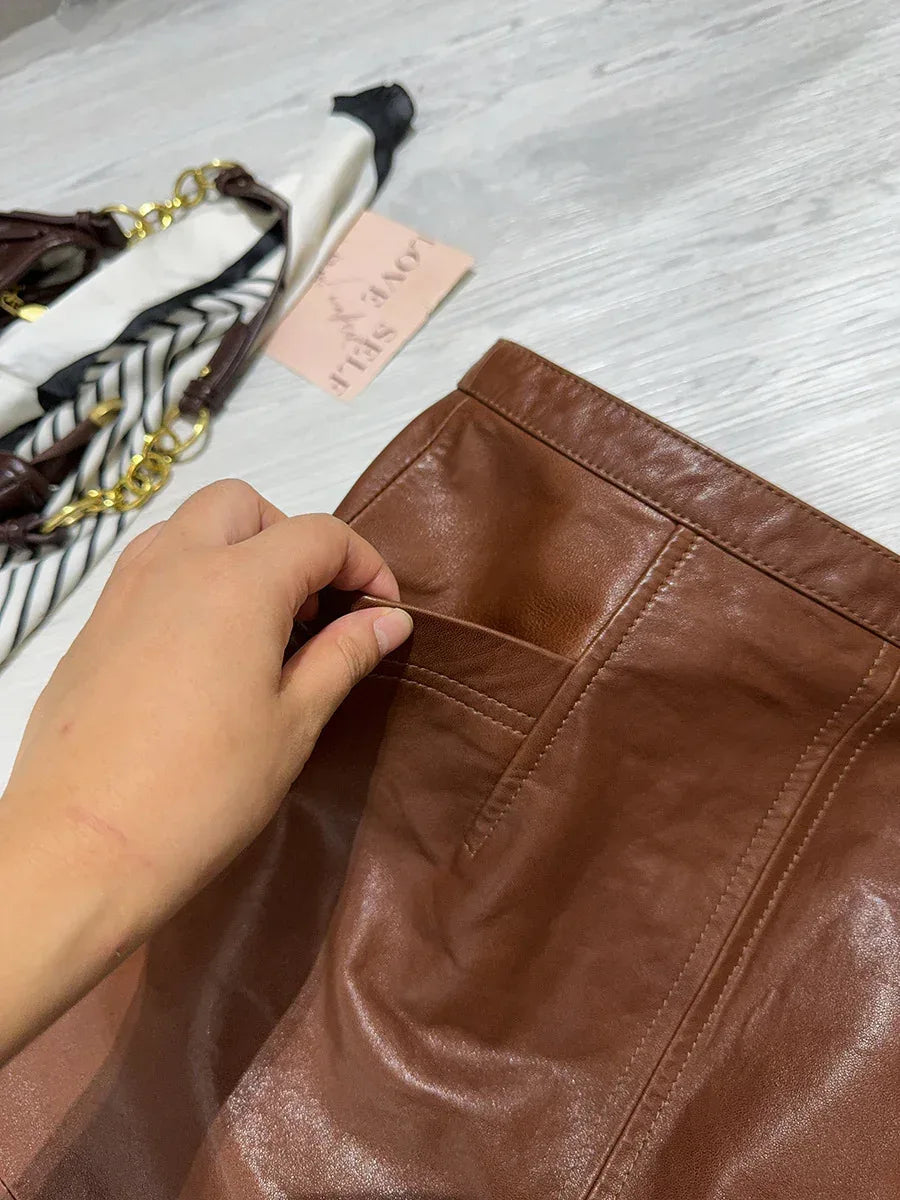 Women’s Real Leather Mid-Length Skirt with Back Slit