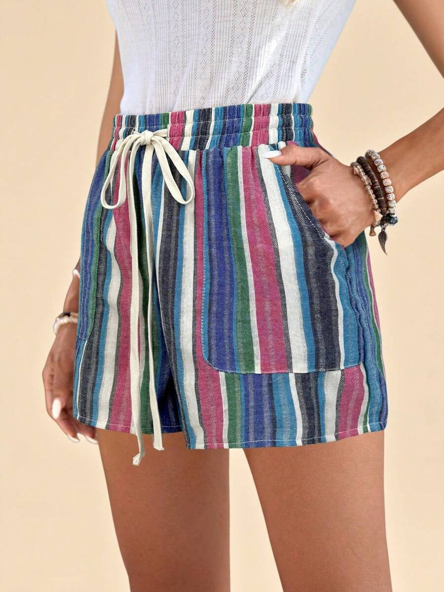 High Waisted Striped Cotton Summer Shorts with Drawstring
