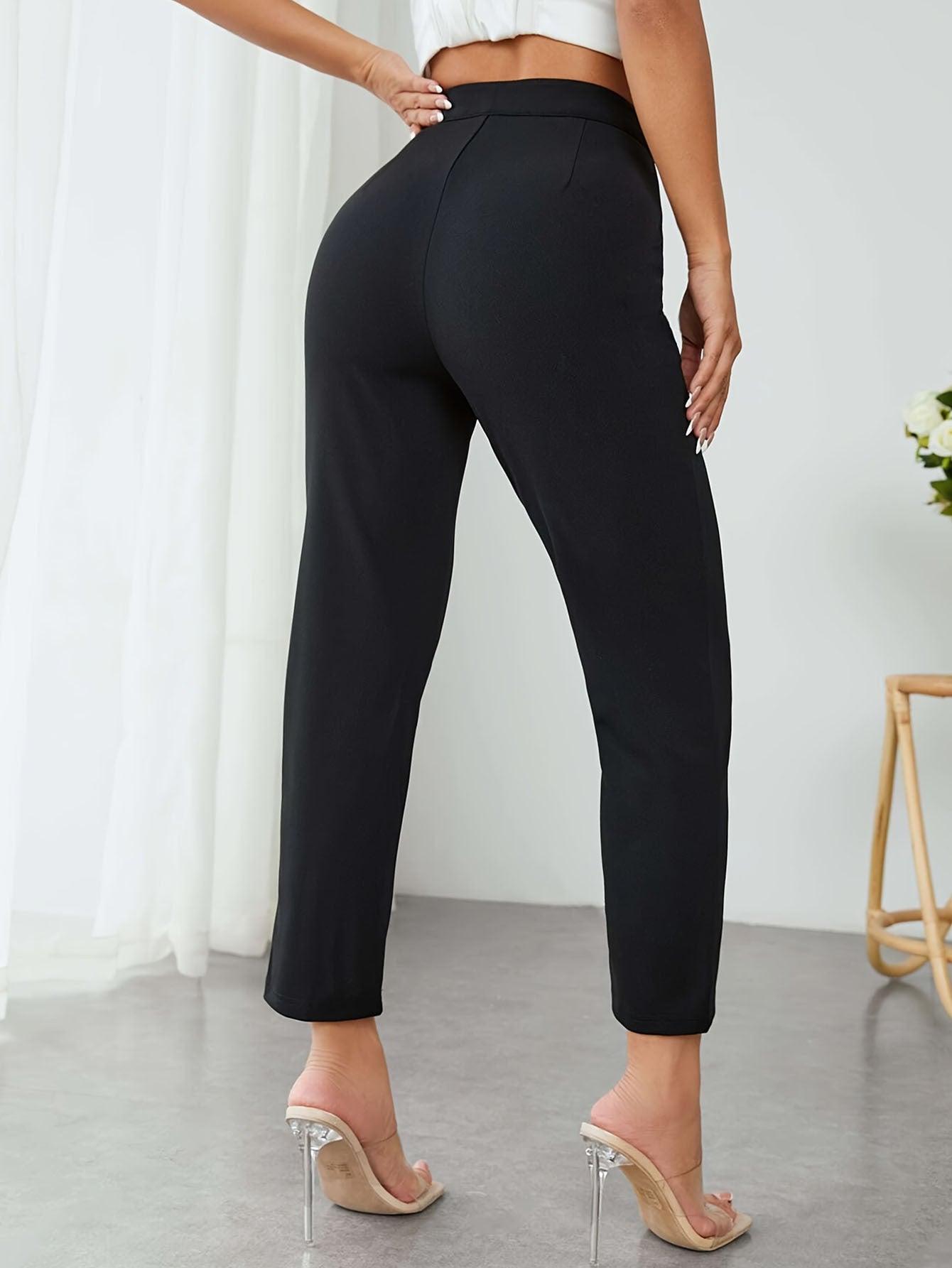 Women High-Waisted Black Trousers Pants
