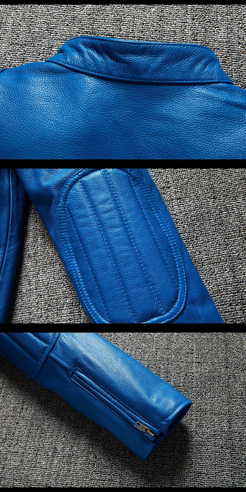 Blue Leather Biker Jacket for Men Slim Fit Motorcycle Style