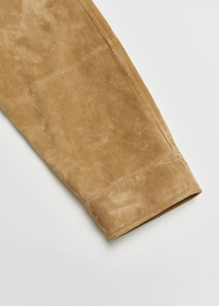 Tan Real Suede Leather Jacket for Women with Drawstring Hem