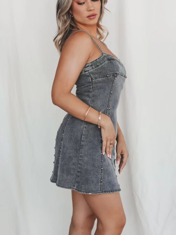 Mini Black Denim Dress for Women Sleeveless Slim Fit Jean Dress