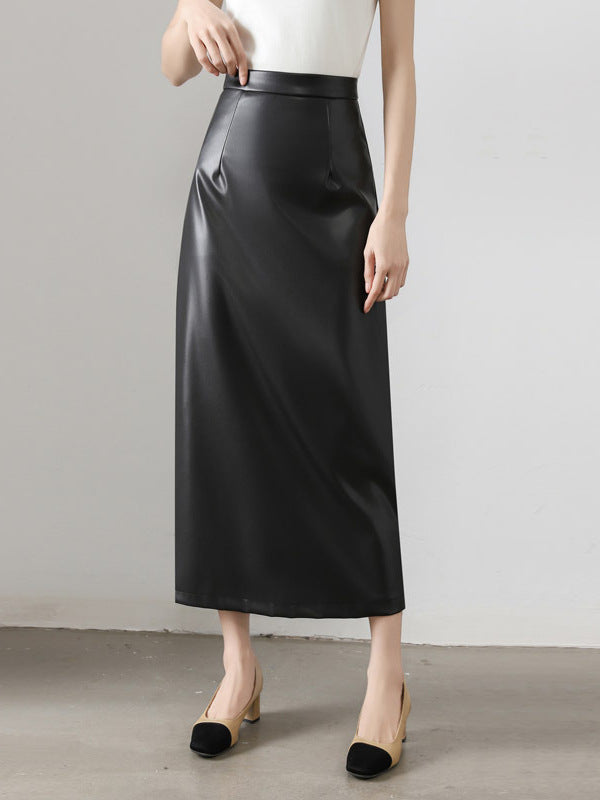 Brown PU Leather High Waist Midi Skirt with Back Slit