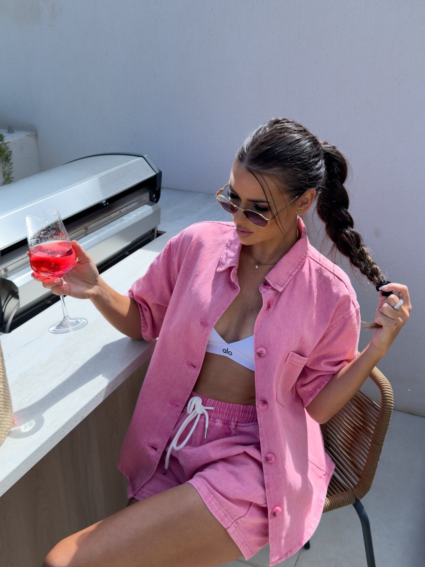 Pink Denim Two Piece Short Set for Women