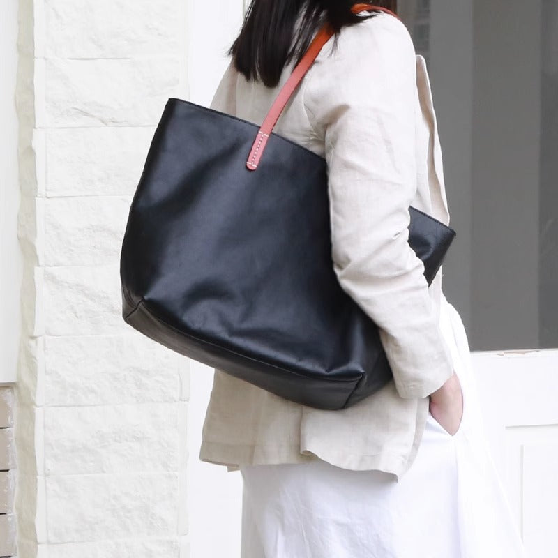 Women’s Genuine Leather Tote Bag With Contrast Handles