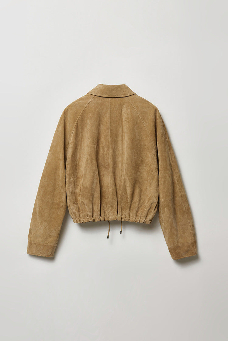 Tan Real Suede Leather Jacket for Women with Drawstring Hem