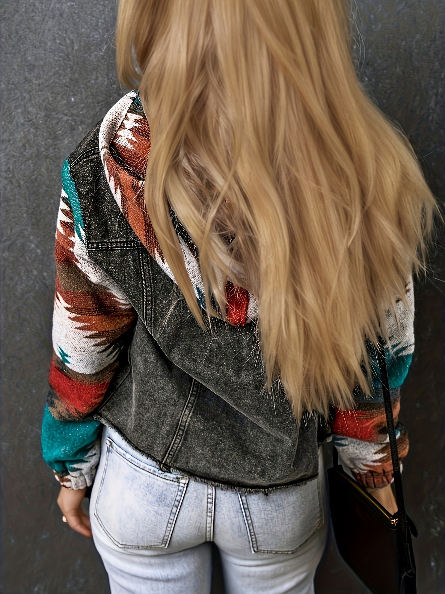 Oversized Aztec Denim Jacket with Hood and Tribal Sleeves