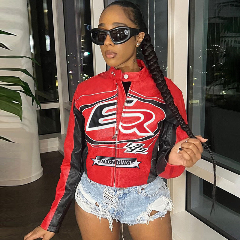 Women's Red Faux Leather Jacket with Cropped Biker Bomber Fit