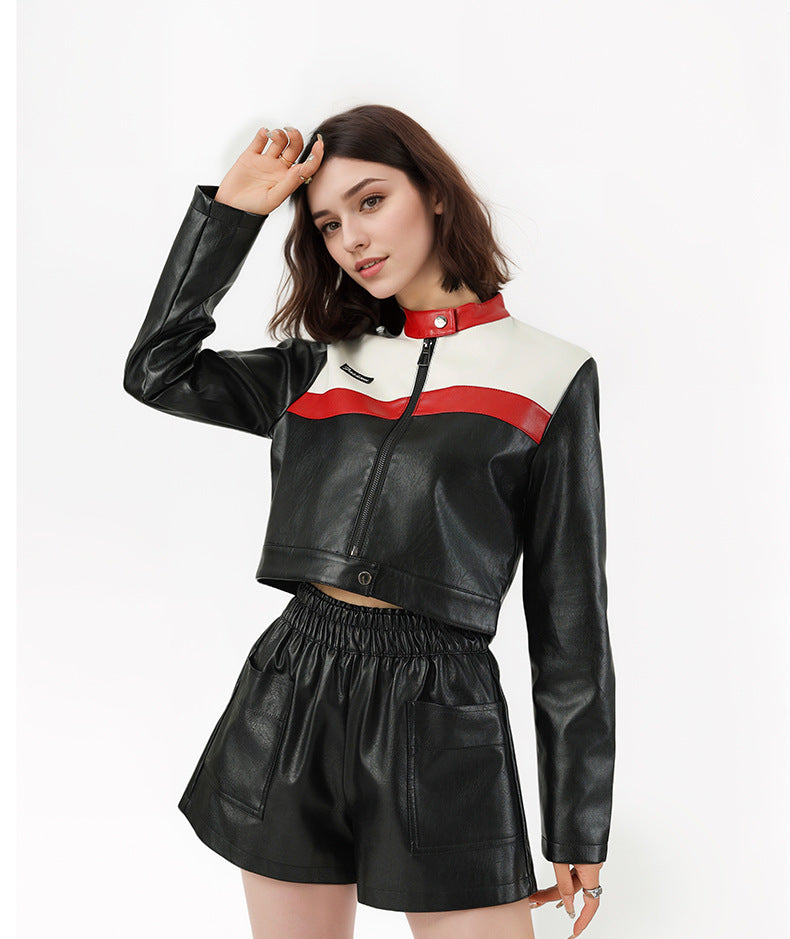 Faux Leather Biker Jacket with Red Stripe and Stand Collar