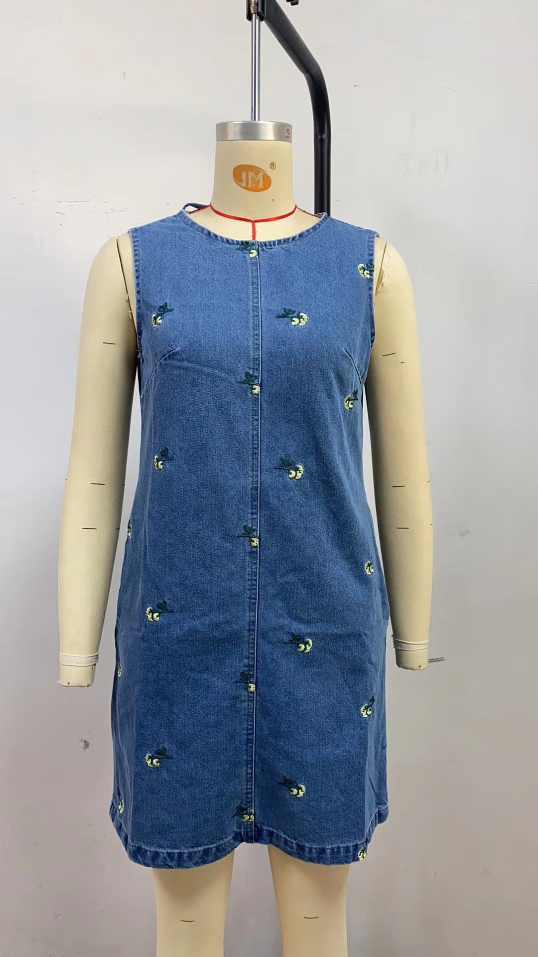 Sleeveless Denim Dress with Floral Embroidery