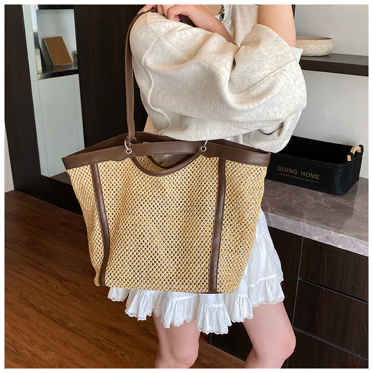 Woven Straw Beach Bag with PU Leather Trim