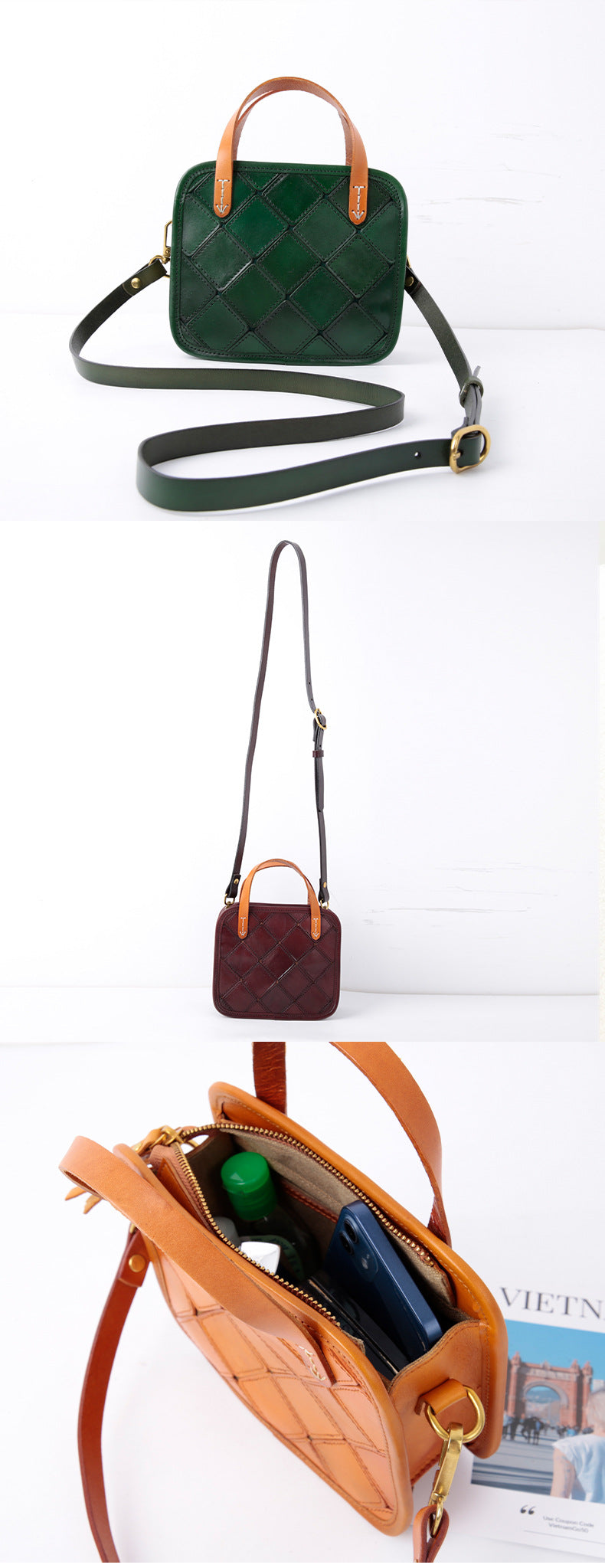 Retro Leather Crossbody Handbag for Women with Quilted Stitching
