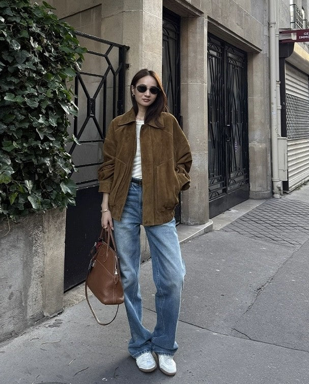 Brown Modern Biker Oversized Suede Jacket Women