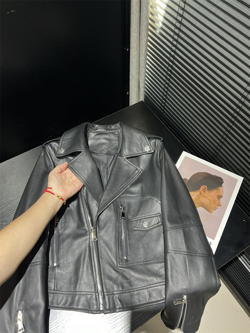 Women’s Genuine Leather Bomber Moto Jacket Black Short Fit