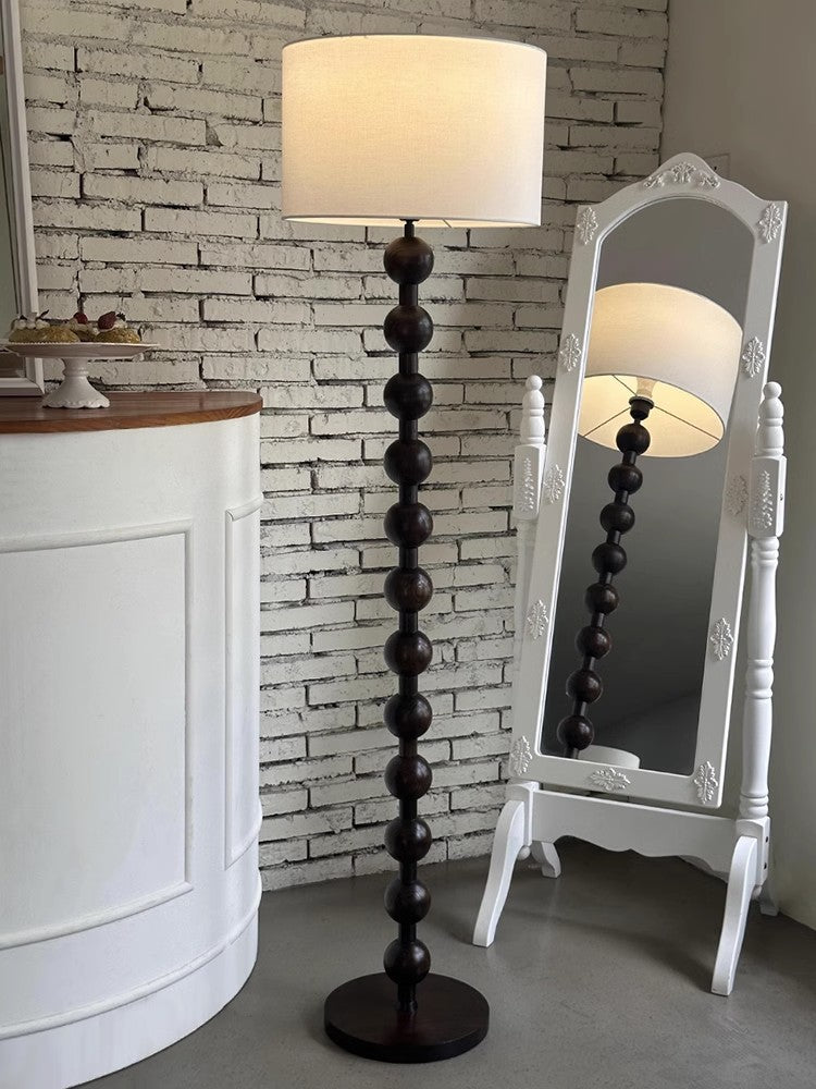 French Medieval Wabi-sabi Wooden Floor Lamp with Cloth Shade