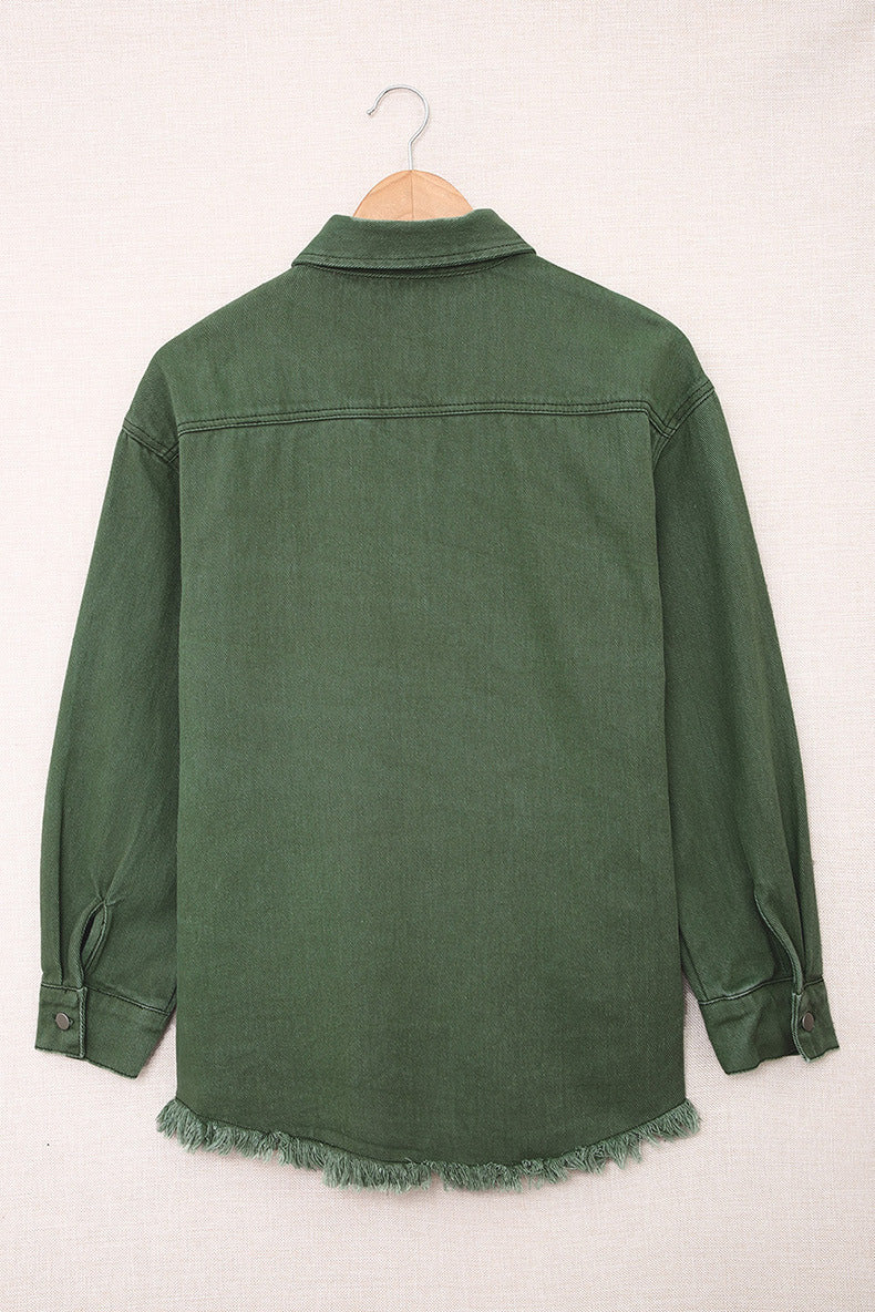 Oversized Lightweight Denim Shirt Jacket With Frayed Hem