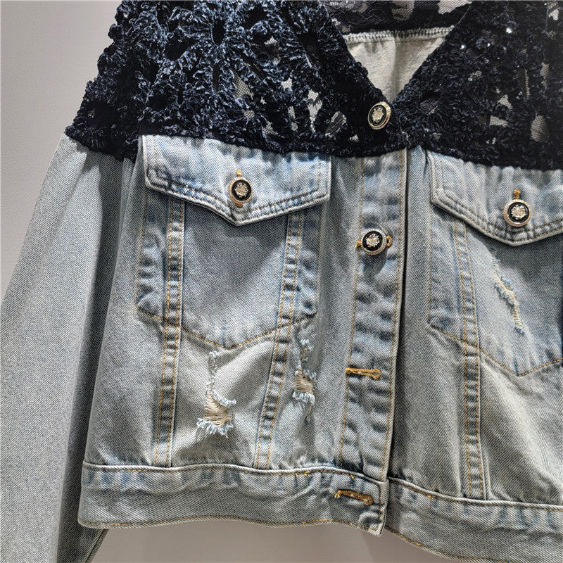 Women Spliced Denim Cropped Jacket with Lace Overlay