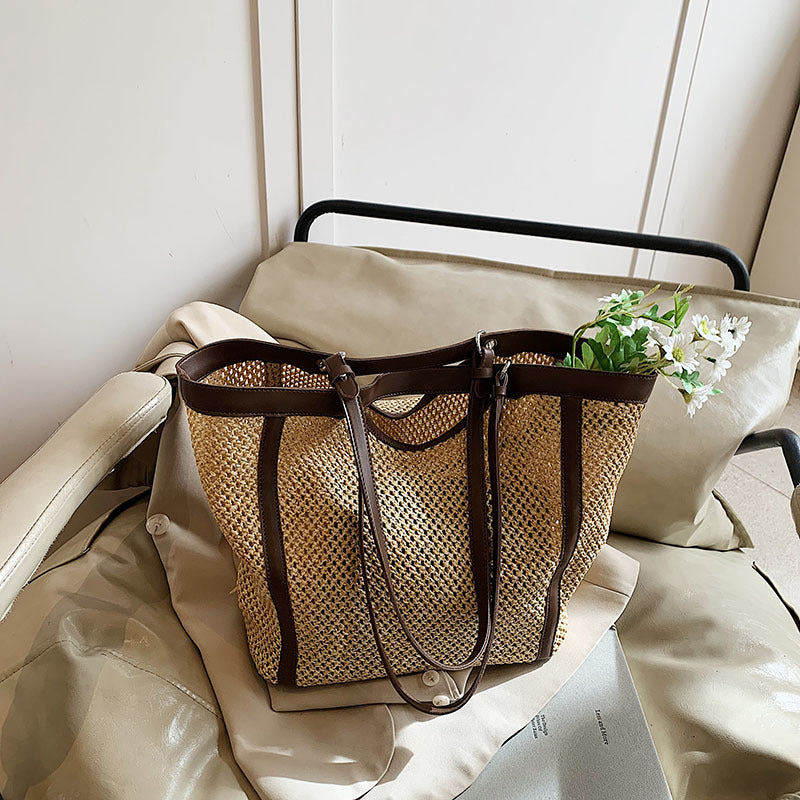 Woven Straw Beach Bag with PU Leather Trim