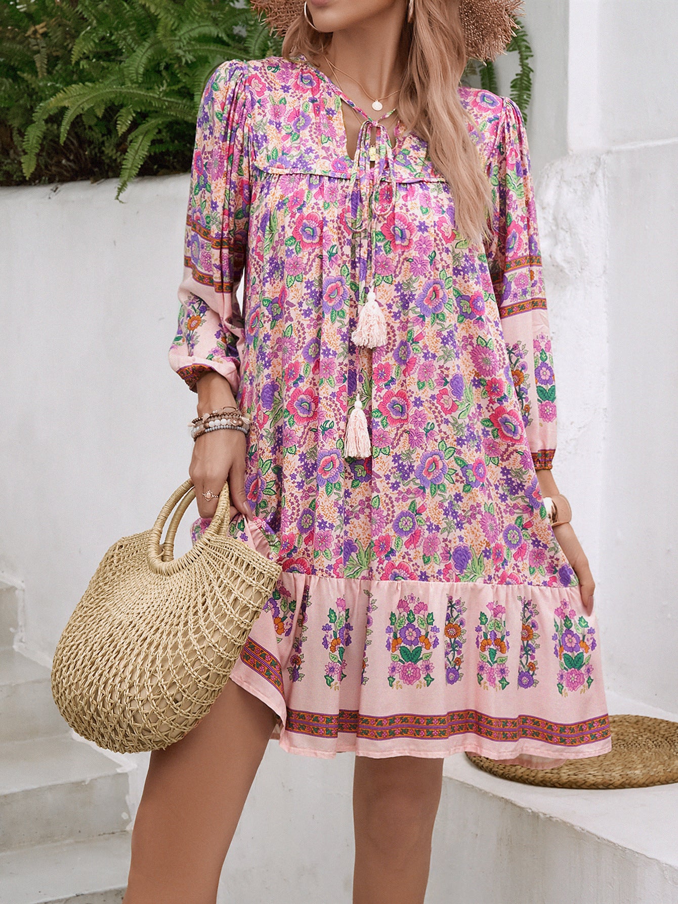 Floral Boho Mini Summer Dress with Tassels