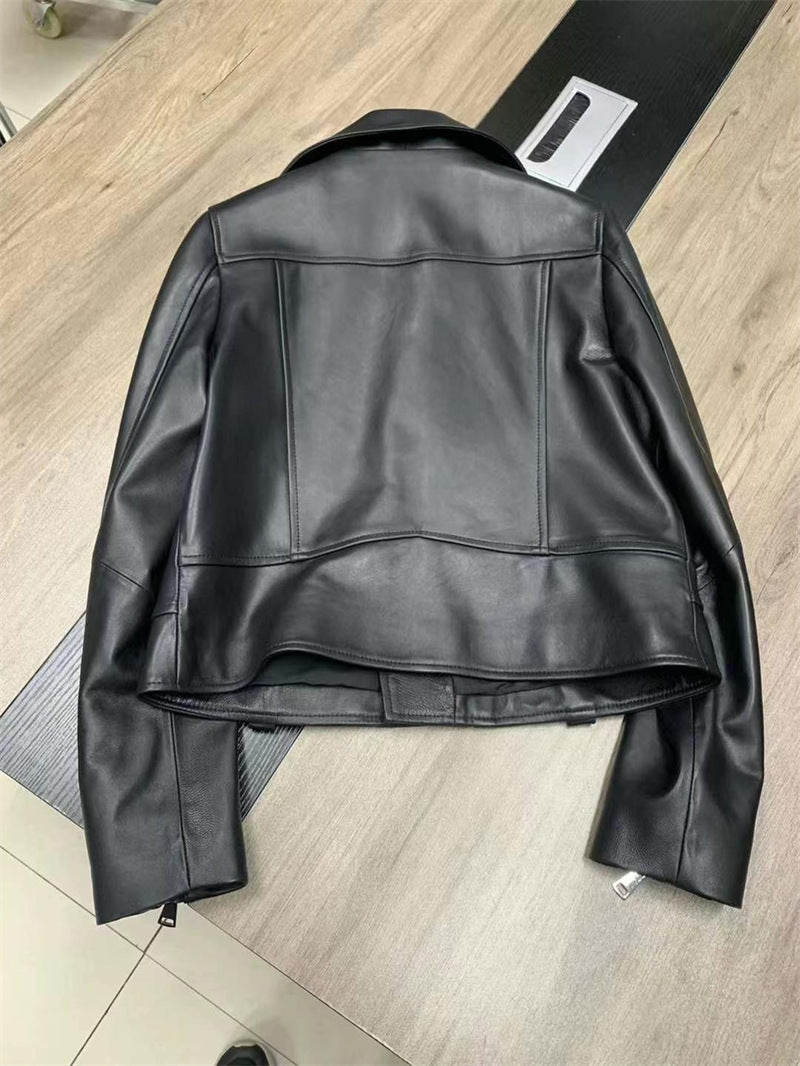 Women’s Genuine Leather Bomber Moto Jacket Black Short Fit