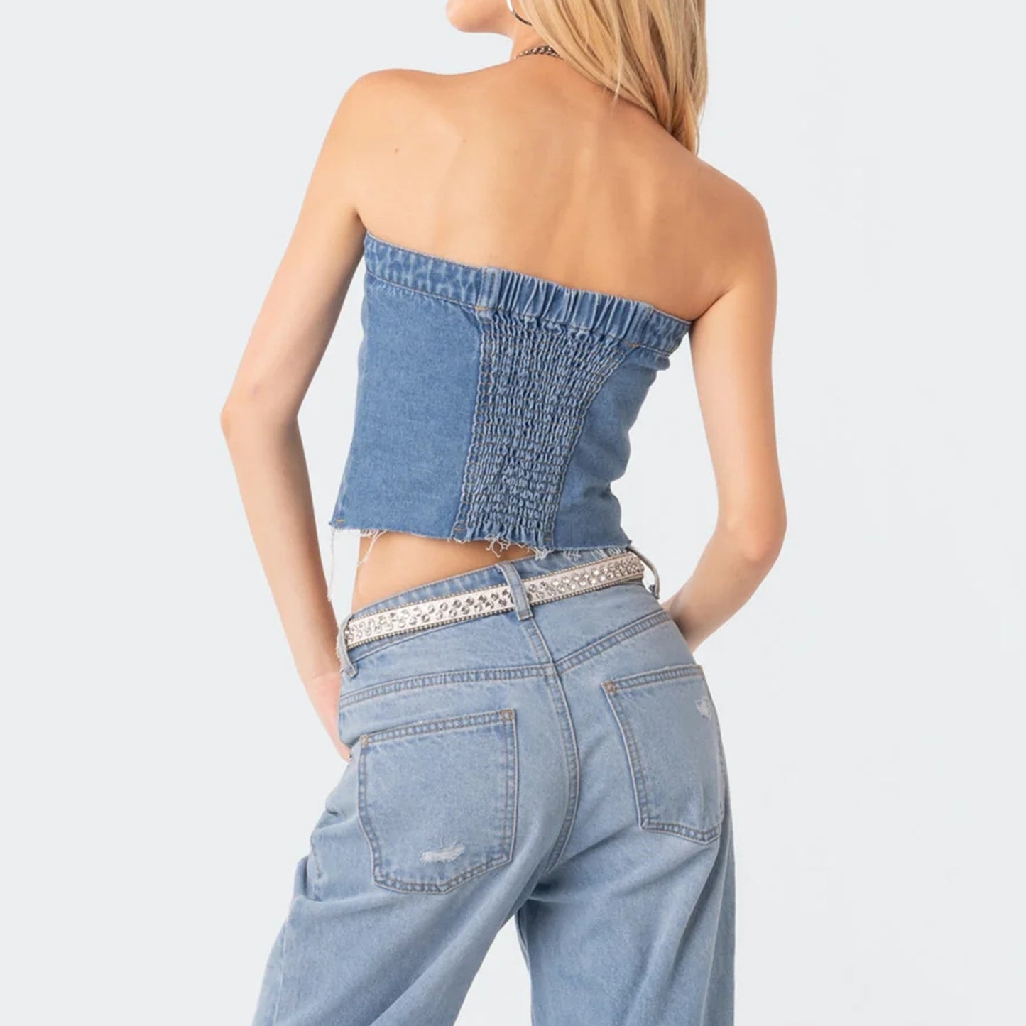 Women's Strapless Denim Button-Up Crop Top