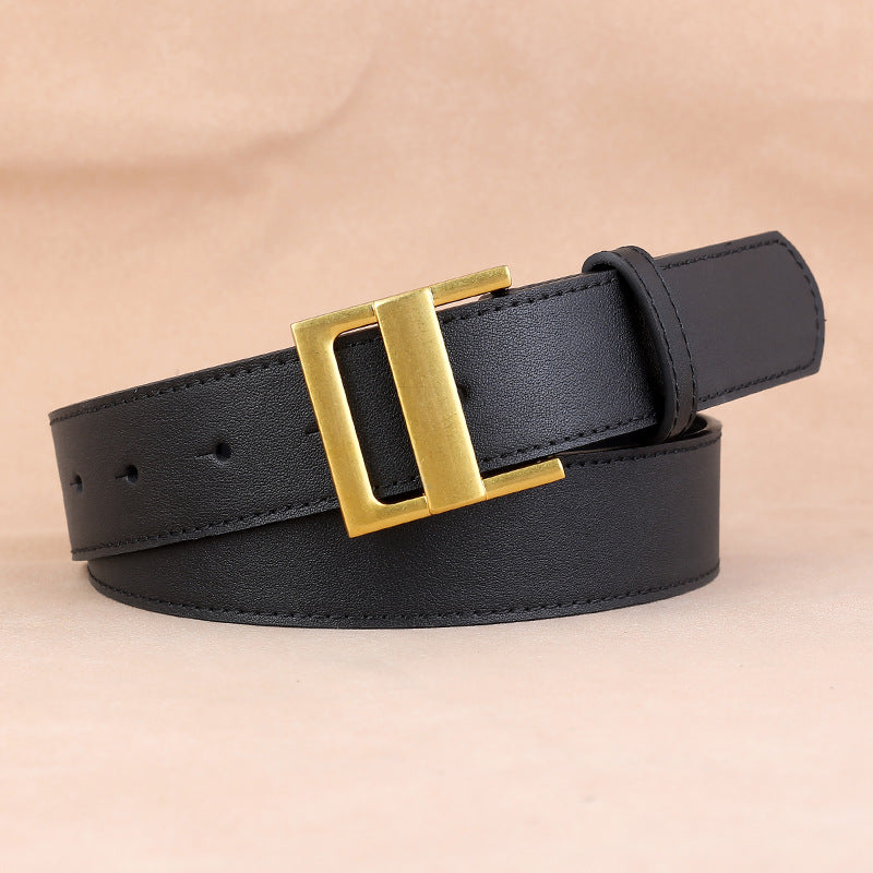 Genuine Leather Belt for Women with Gold Brass Buckle