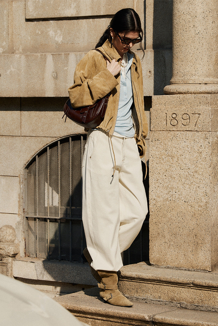 Tan Real Suede Leather Jacket for Women with Drawstring Hem