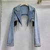 Women Beaded Fringe Tassels Rivet Denim Cropped Jacket