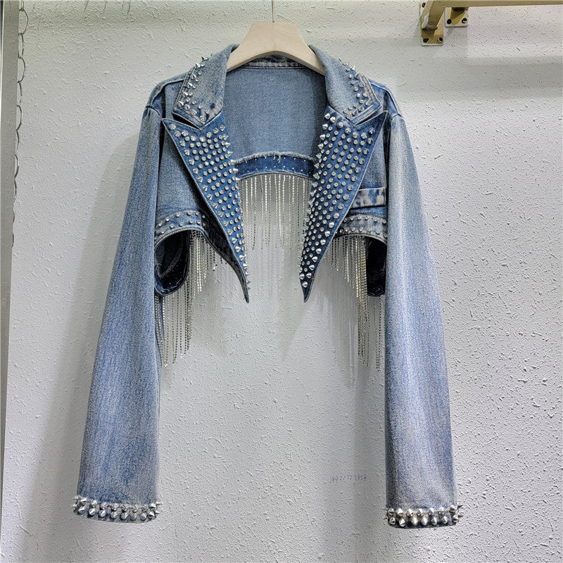 Women Beaded Fringe Tassels Rivet Denim Cropped Jacket