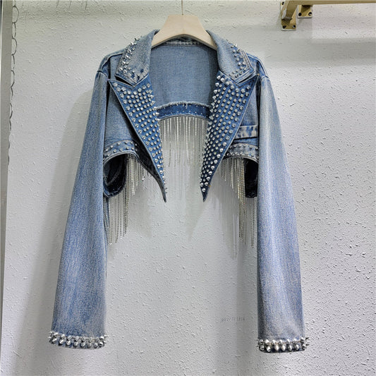 Women Beaded Fringe Tassels Rivet Denim Cropped Jacket